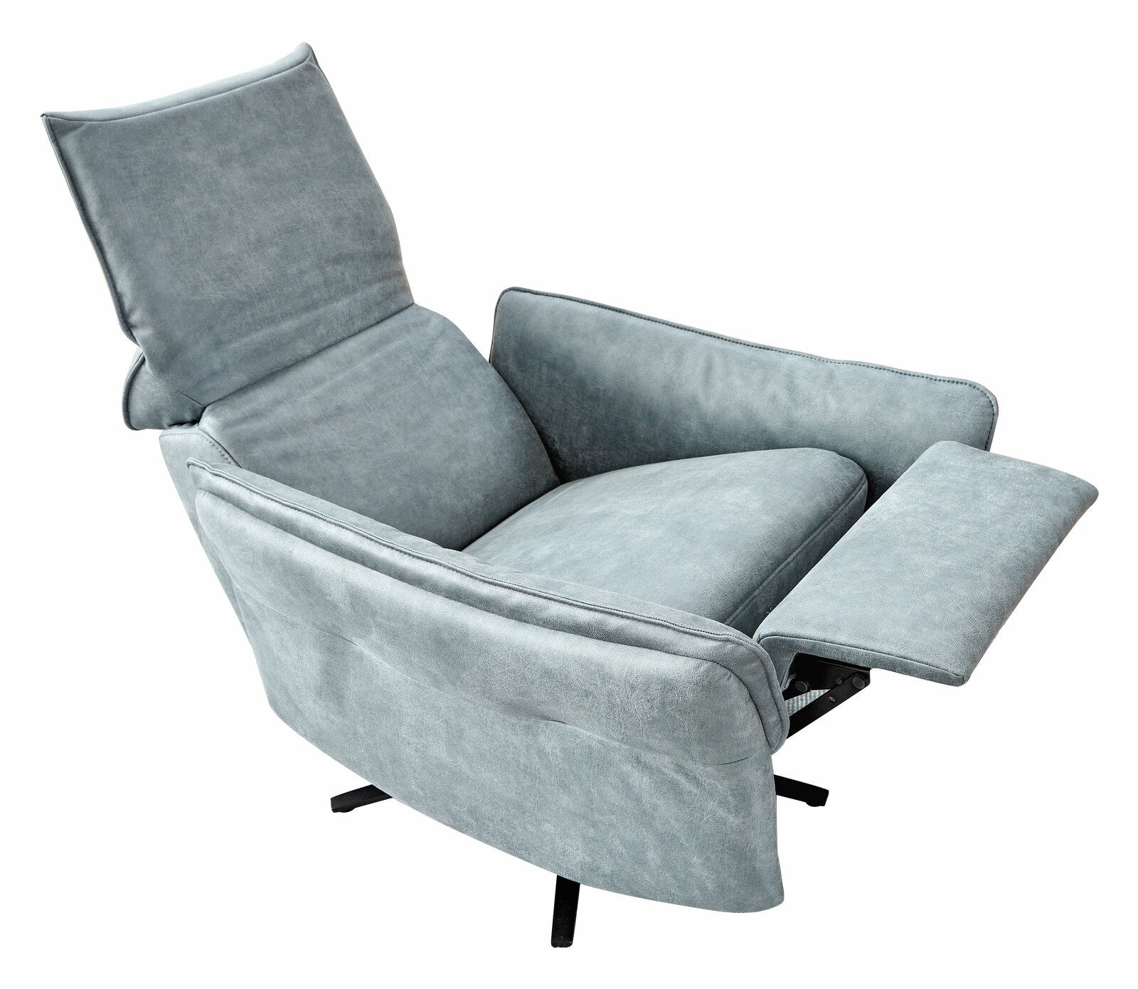 Grauer Relaxsessel in schräger Rückansicht mit ausgeklappter Fußstütze.