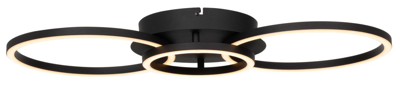 Moderne led-plafondlamp met drie verlichte ringen, zijaanzicht