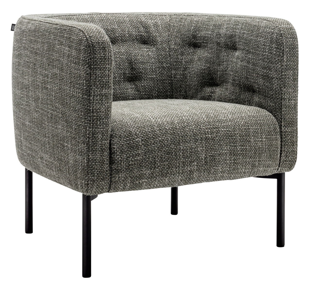 Grauer Clubsessel mit gepolstertem Stoffbezug und schwarzen Metallbeinen, seitliche Perspektive