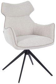 Moderner Armlehnstuhl mit hellem Stoffbezug und schwarzem Metallgestell, seitliche Perspektive