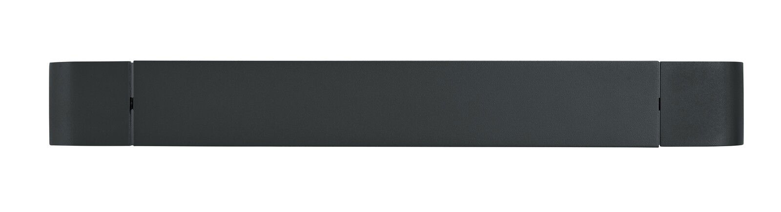 Frontale Ansicht der schwarzen LED-Wandleuchte BOX mit rechteckigem Design.