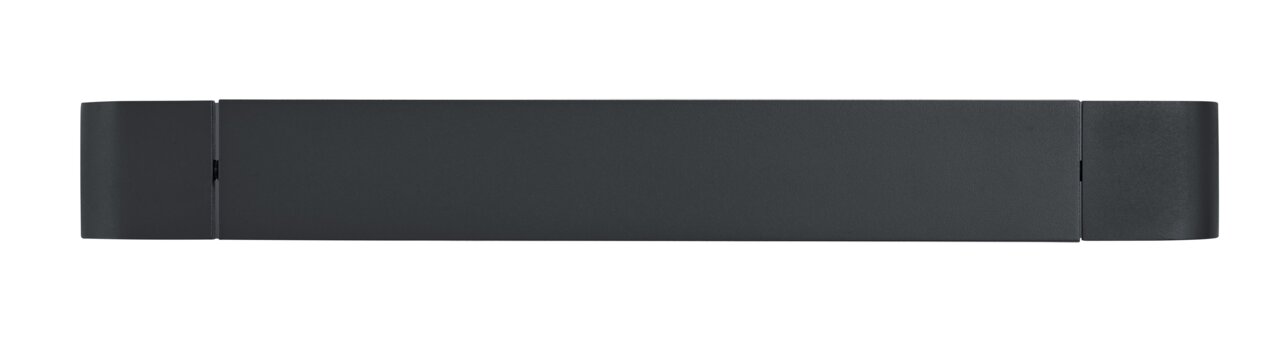 Frontale Ansicht der schwarzen LED-Wandleuchte BOX mit rechteckigem Design.