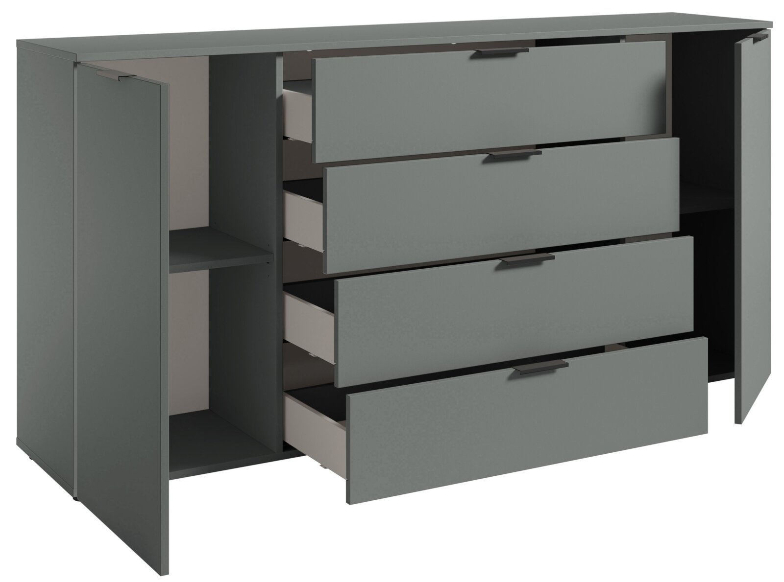 XL-Sideboard in grauer Farbe mit offenen Schubladen und Türen, seitliche Perspektive