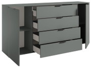 XL-Sideboard in grauer Farbe mit offenen Schubladen und Türen, seitliche Perspektive