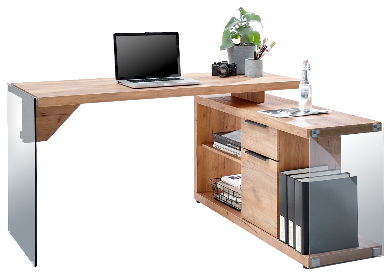 Moderner Eck-Schreibtisch aus Holz mit Glasakzenten, ausgestattet mit Laptop, Kamera, Pflanze und Schreibutensilien, seitliche Perspektive.