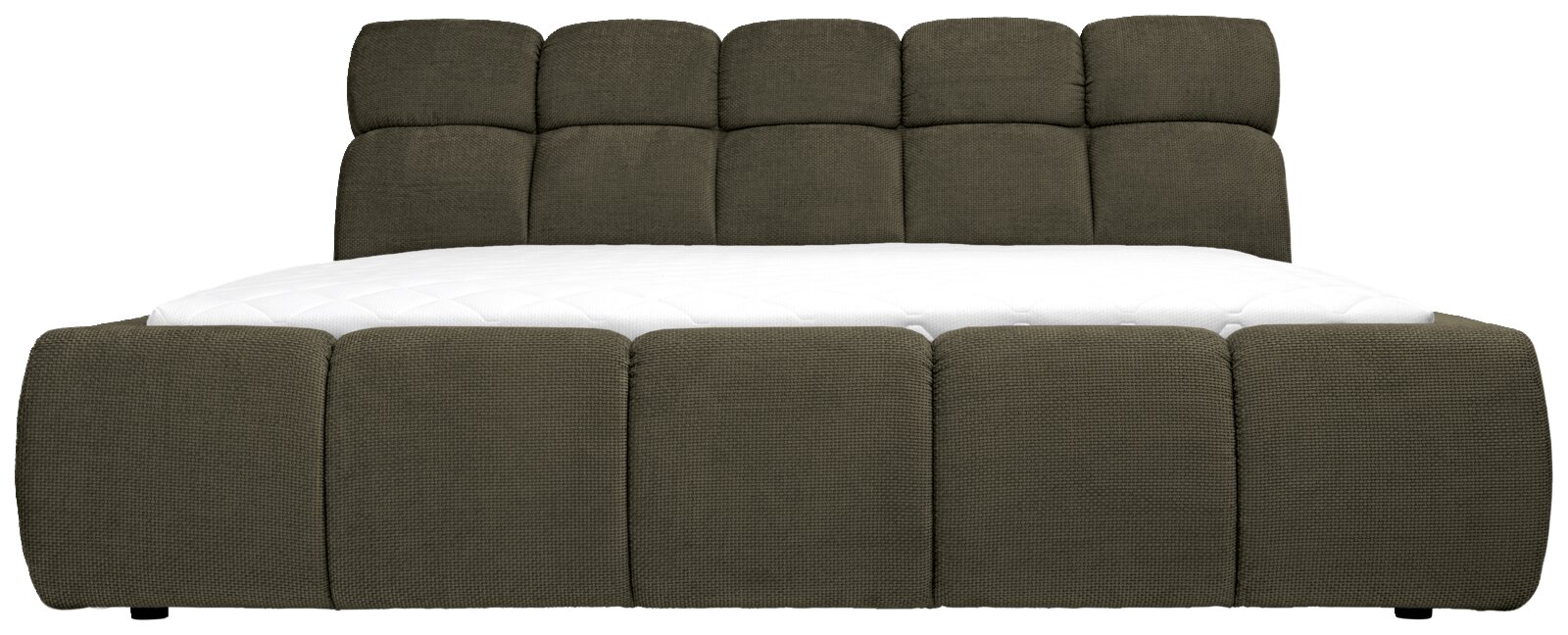 Vooraanzicht van een modern gestoffeerd bed met een gestoffeerd hoofdeinde en voeteneinde, bekleed met donkere stof.