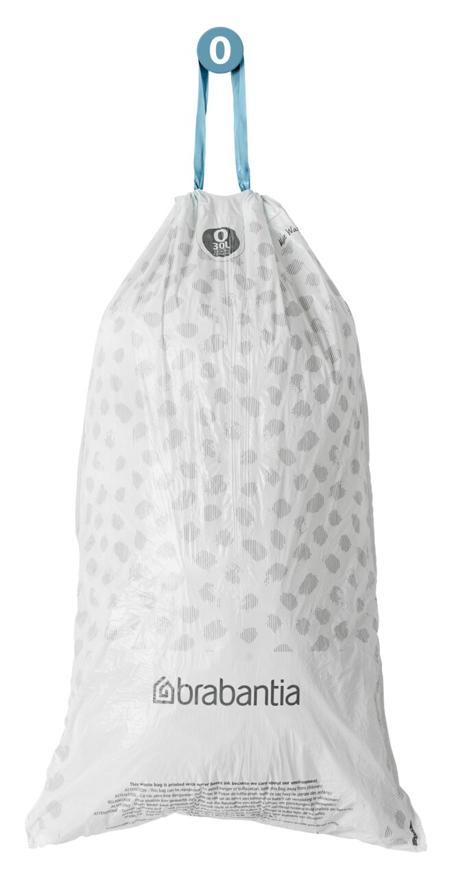 Brabantia 20 vuilniszakken PERFECTFIT Müllbeutel von Brabantia mit blauen Tragegriffen, frontal abgebildet.