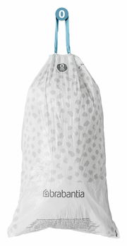 Müllbeutel von Brabantia mit blauen Tragegriffen, frontal abgebildet.