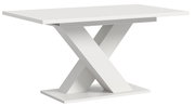 Moderner weißer Esstisch mit X-förmigem Gestell, seitliche Perspektive