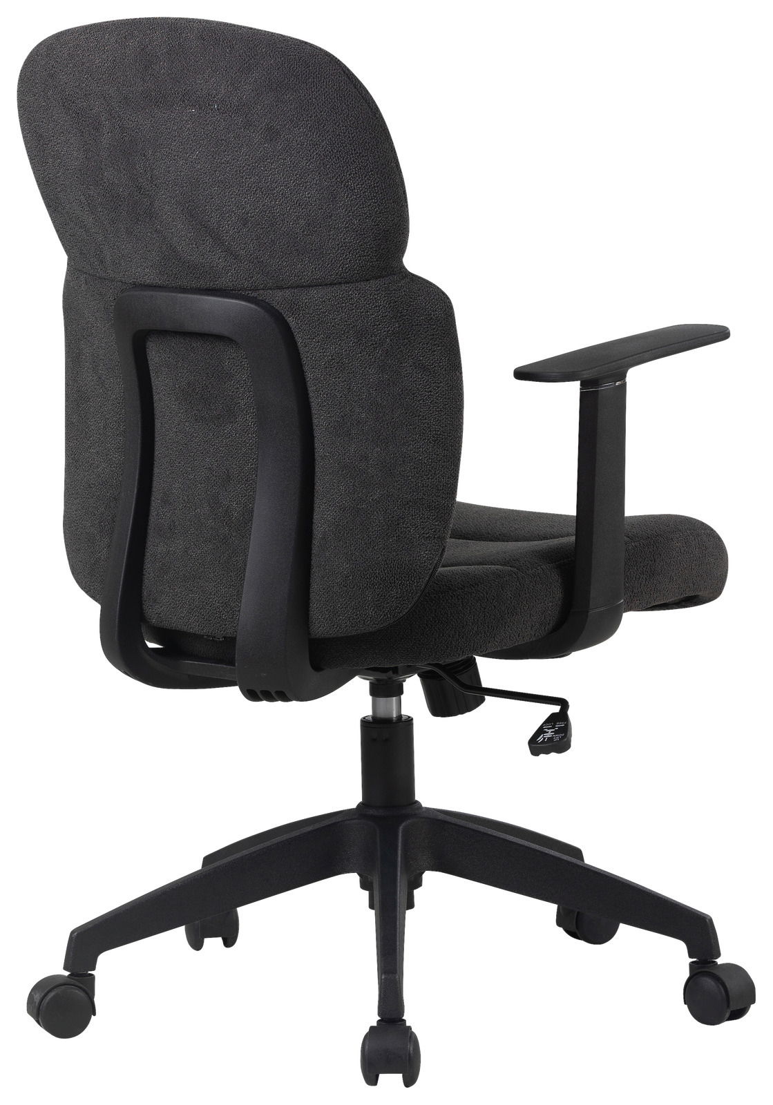 Rückansicht eines schwarzen Drehstuhls mit Armlehnen und Rollen