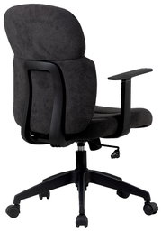 Rückansicht eines schwarzen Drehstuhls mit Armlehnen und Rollen