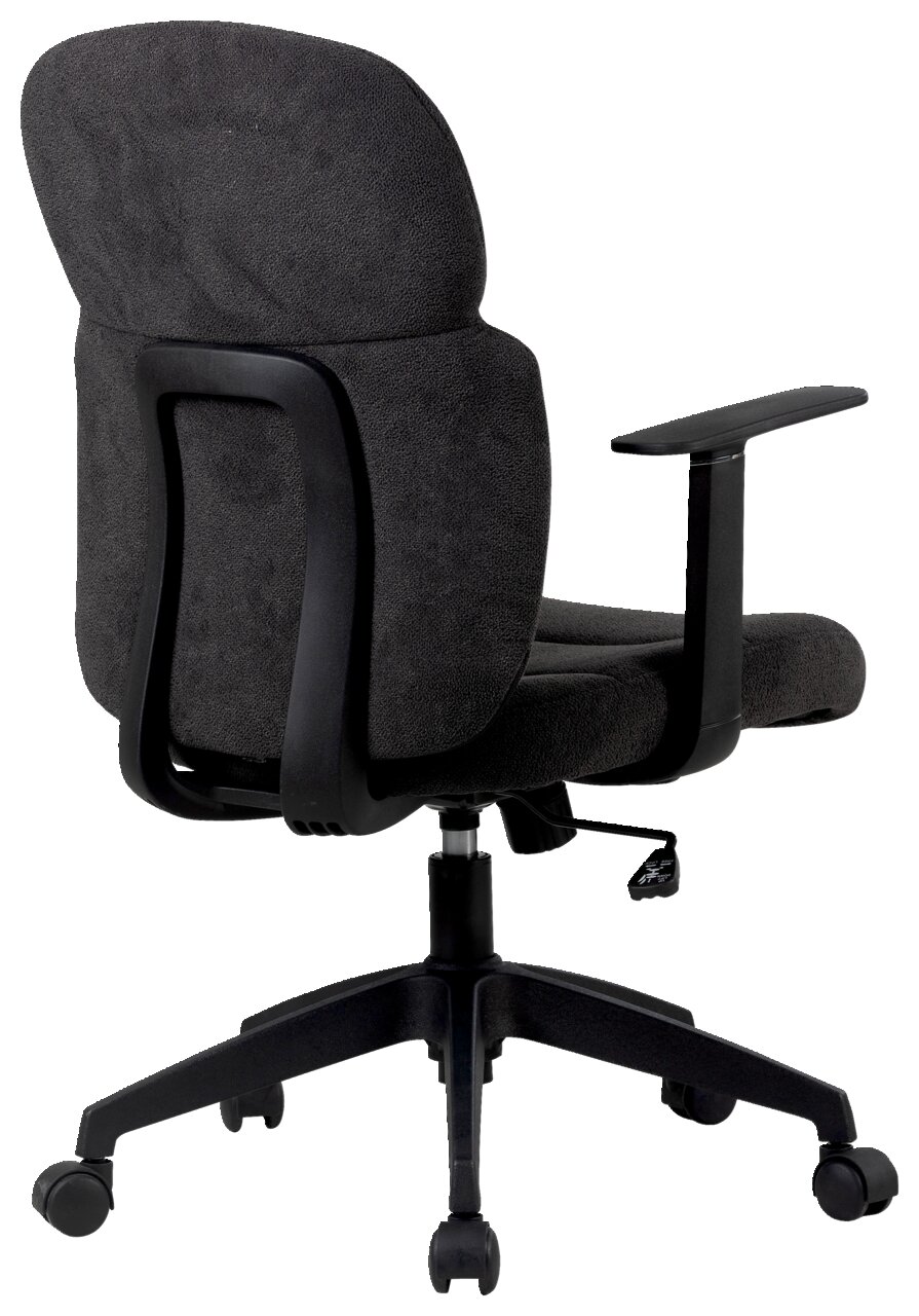 Rückansicht eines schwarzen Drehstuhls mit Armlehnen und Rollen