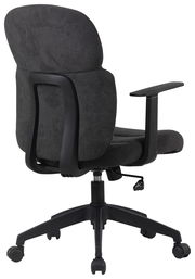 Rückansicht eines schwarzen Drehstuhls mit Armlehnen und Rollen