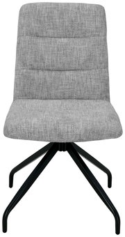 Grauer Stuhl mit gepolsterter Sitzfläche und Rückenlehne, schwarzes Metallgestell, Frontalansicht