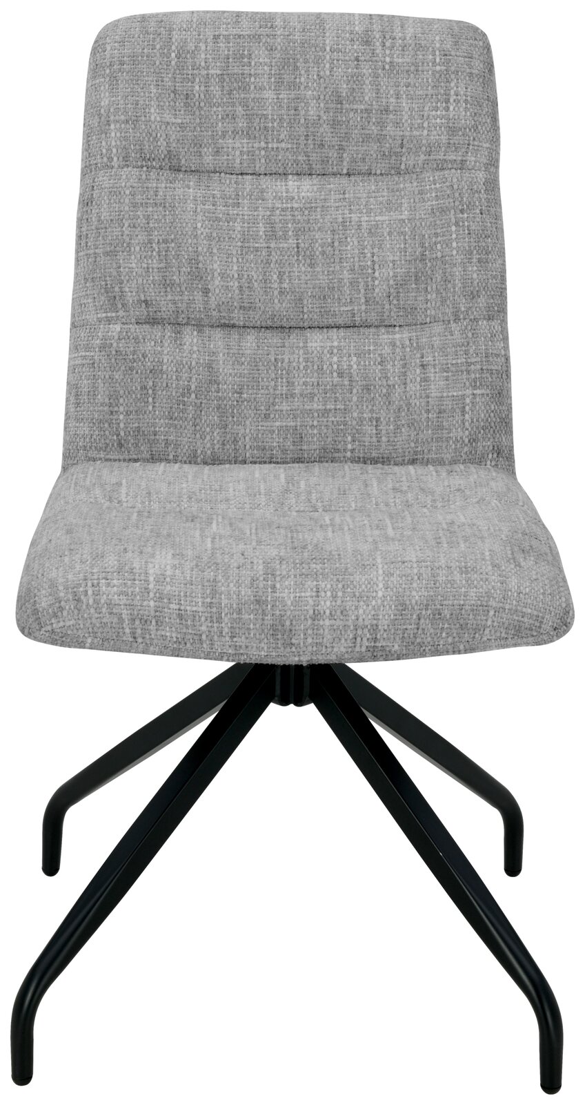 Grauer Stuhl mit gepolsterter Sitzfläche und Rückenlehne, schwarzes Metallgestell, Frontalansicht