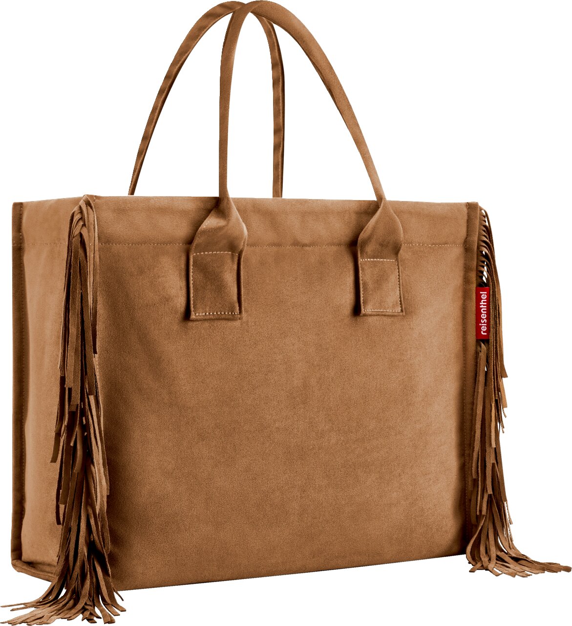 Braune Wildleder-Optik Shopper-Tasche mit langen Tragehenkeln und Fransen an den Seiten, Frontansicht leicht schräg von vorn vor weißem Hintergrund