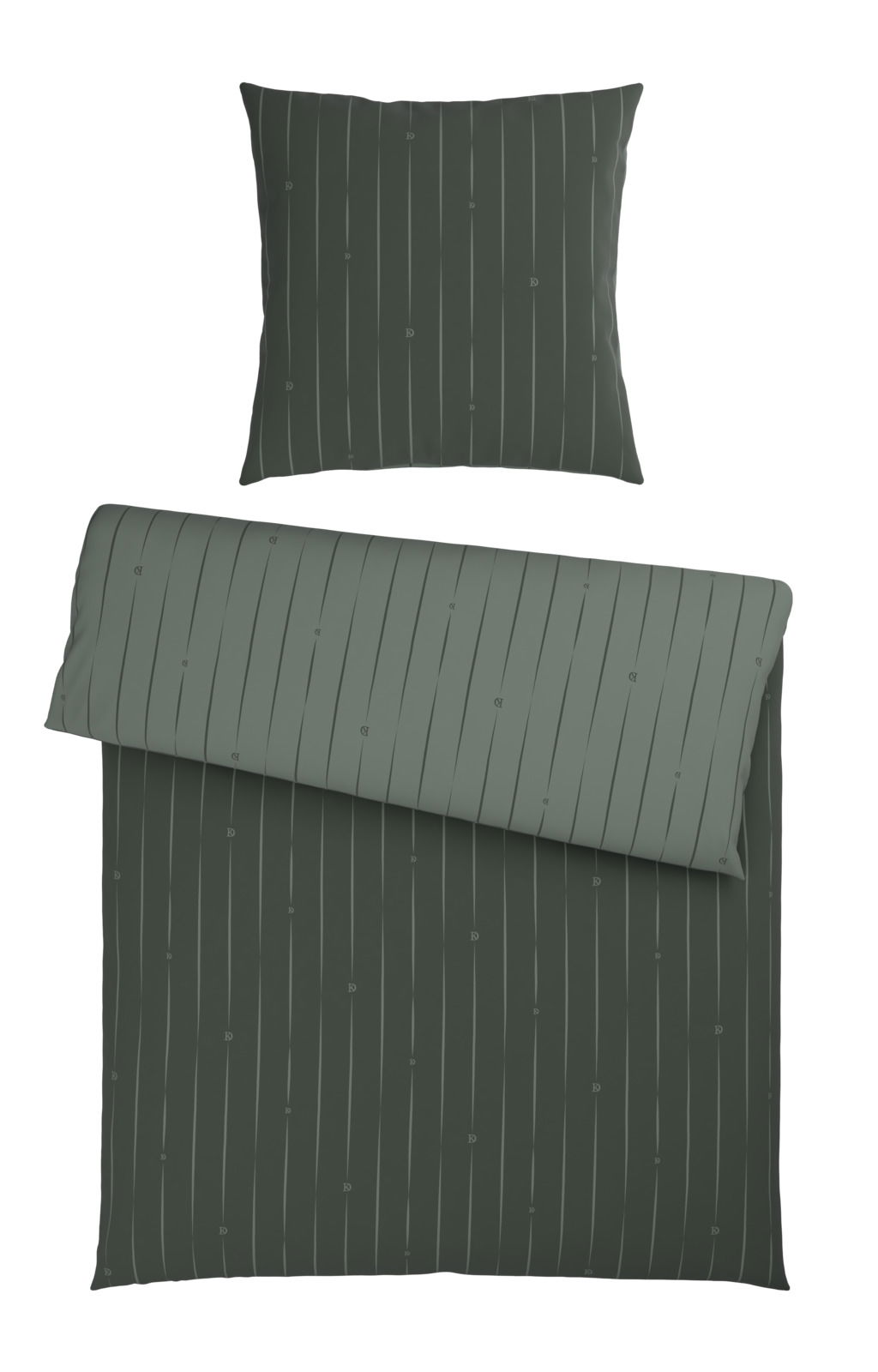Dunkelgraue Wendebettwäsche mit feinen vertikalen Streifen, bestehend aus einem Kissenbezug und einem Bettdeckenbezug, aus der Vogelperspektive.