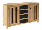Holzsideboard mit schwarzen Schubladen und Lamellentüren, seitliche Perspektive