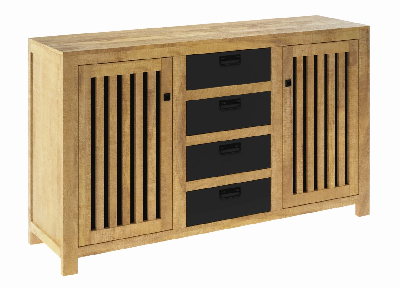 Holzsideboard mit schwarzen Schubladen und Lamellentüren, seitliche Perspektive
