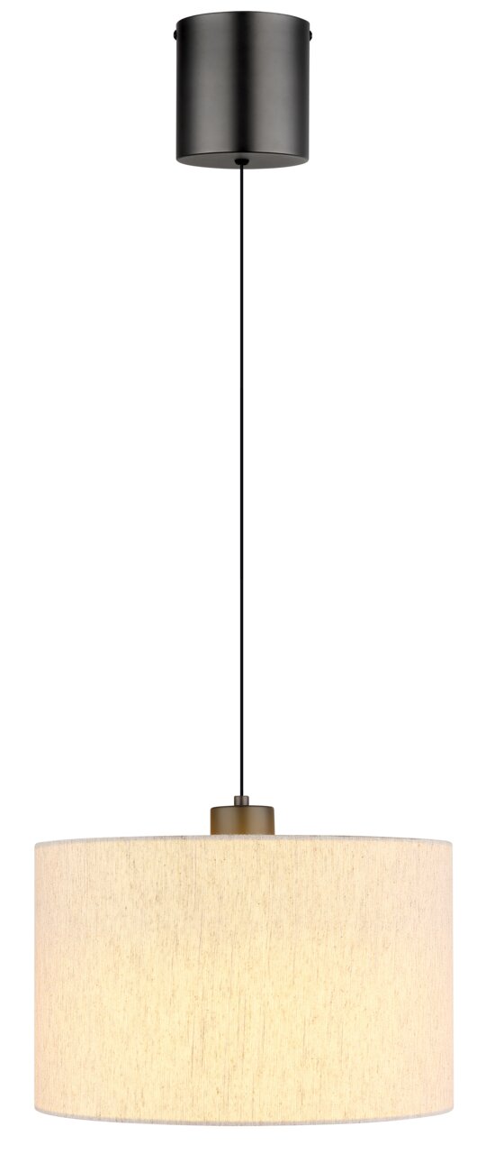 Hanglamp met cilindrische, crèmekleurige lampenkap en zwarte kabel, zijaanzicht