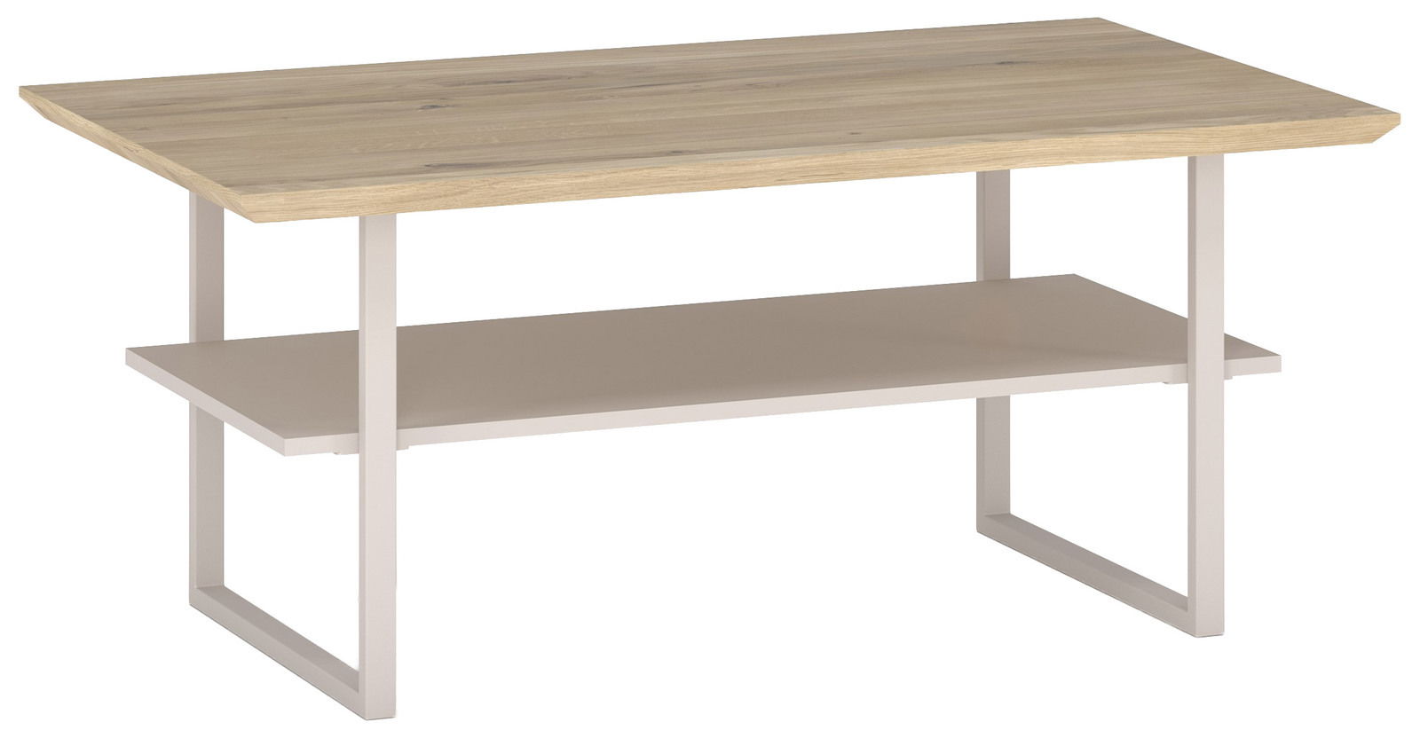 Moderner Couchtisch mit Holzplatte und Metallgestell, seitliche Perspektive