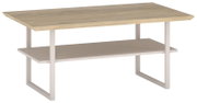 Moderner Couchtisch mit Holzplatte und Metallgestell, seitliche Perspektive