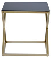 Moderner Beistell- oder Nachttisch mit schwarzer Tischplatte und goldfarbenem Metallgestell, Frontalansicht.