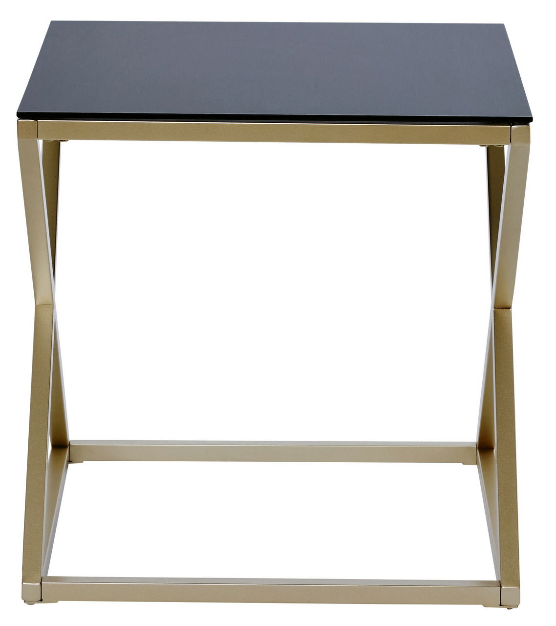 Moderner Beistell- oder Nachttisch mit schwarzer Tischplatte und goldfarbenem Metallgestell, Frontalansicht.