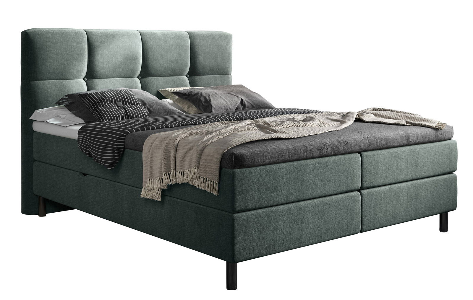 XORA Boxbett MAGNUM Boxbett in seitlicher Perspektive mit gepolstertem Kopfteil und eleganten Kissen und Decken.