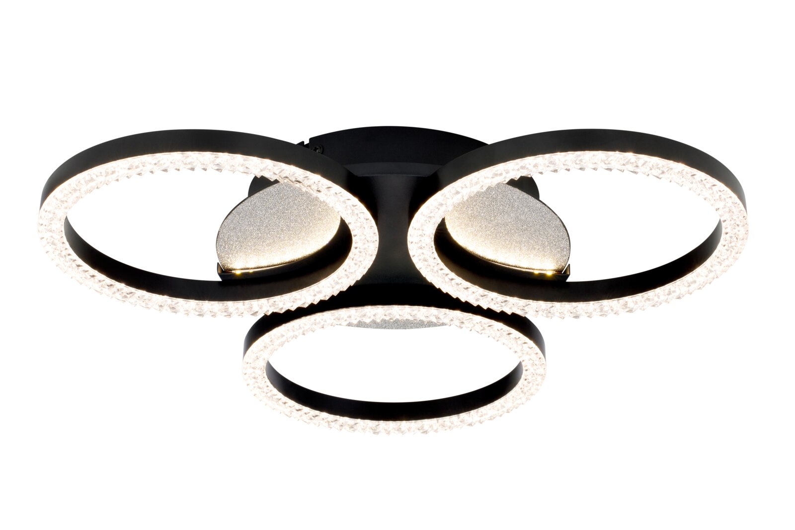 Moderne zwarte LED plafondlamp met drie ronde lichtkringen en kristalachtige rand, gezien van onderaf tegen een witte achtergrond