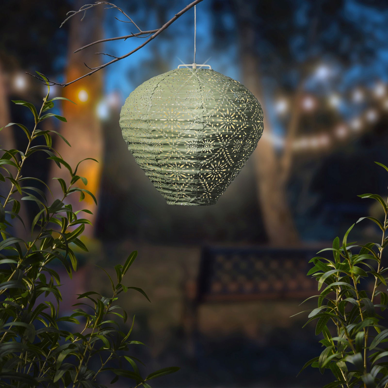 Grüne Solar Laterne in einem Garten bei Nacht, aufgehängt an einem Ast mit unscharfem Hintergrund.