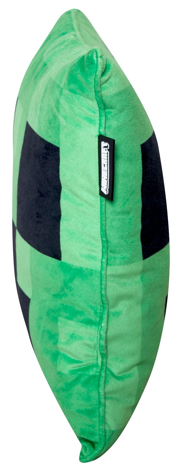 Seitenansicht eines grünen, karierten Dekokissens aus samtigem Stoff mit schwarzem Streifen und eingenähtem Markenlabel an der Seitennaht