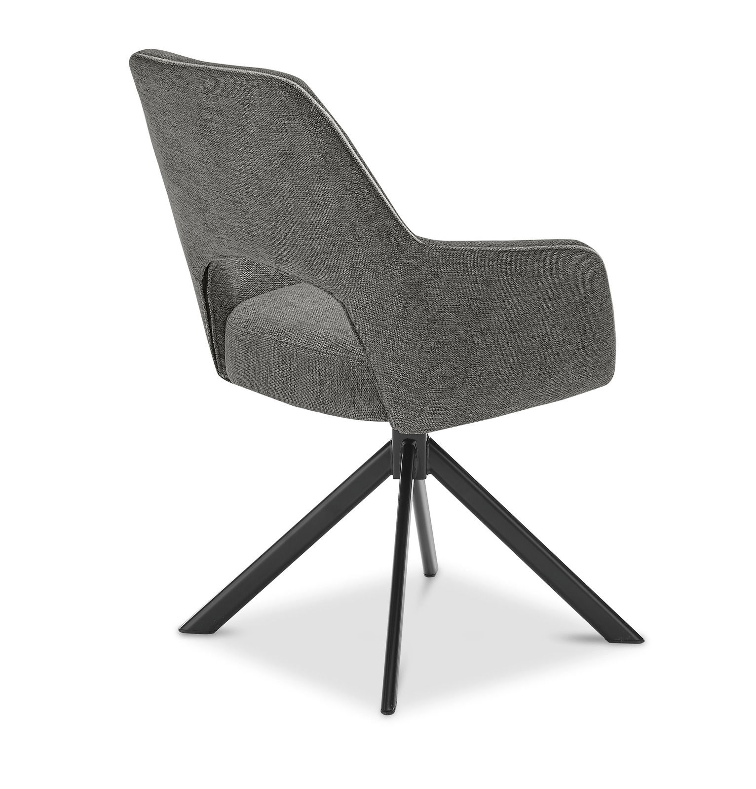 Rückansicht eines grauen Armlehnstuhls mit schwarzem Metallgestell und modernem Design.