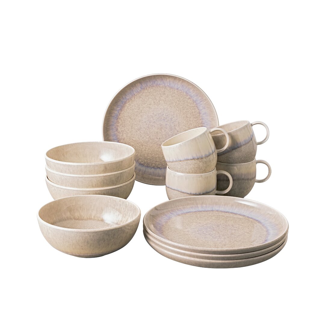 Frühstücksservice 12-tlg. in natürlichem Beige mit sanften blauen Akzenten, bestehend aus Tellern, Schalen und Tassen, seitliche Perspektive