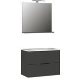 Frontale Ansicht eines modernen Badmöbel-Sets mit einem großen Spiegel und einem Waschbeckenunterschrank in dunklem Design.