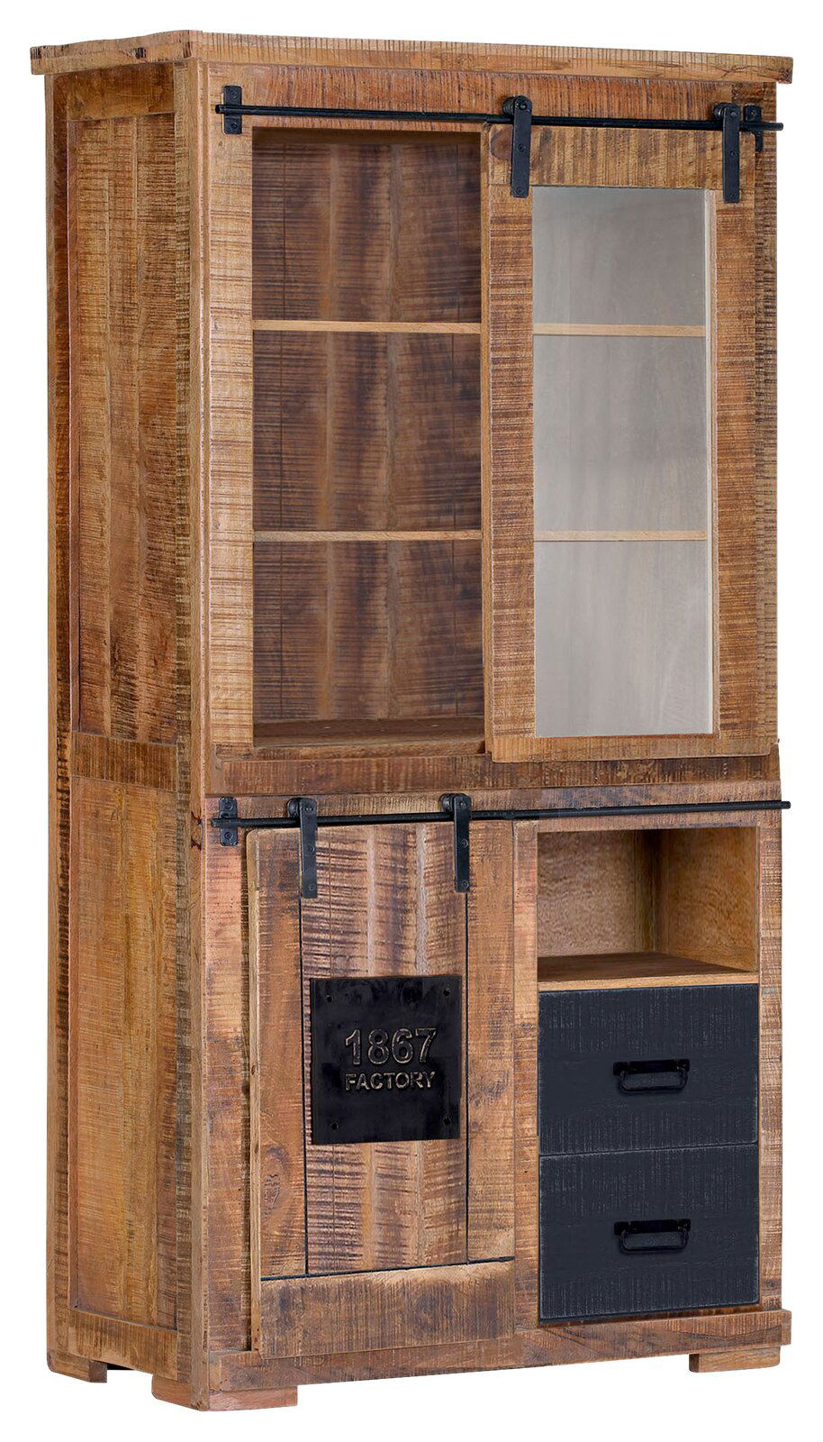 Landscape Vitrine BARNEY Rustikale Vitrine aus Holz mit Schiebetüren und Metallakzenten, seitliche Perspektive