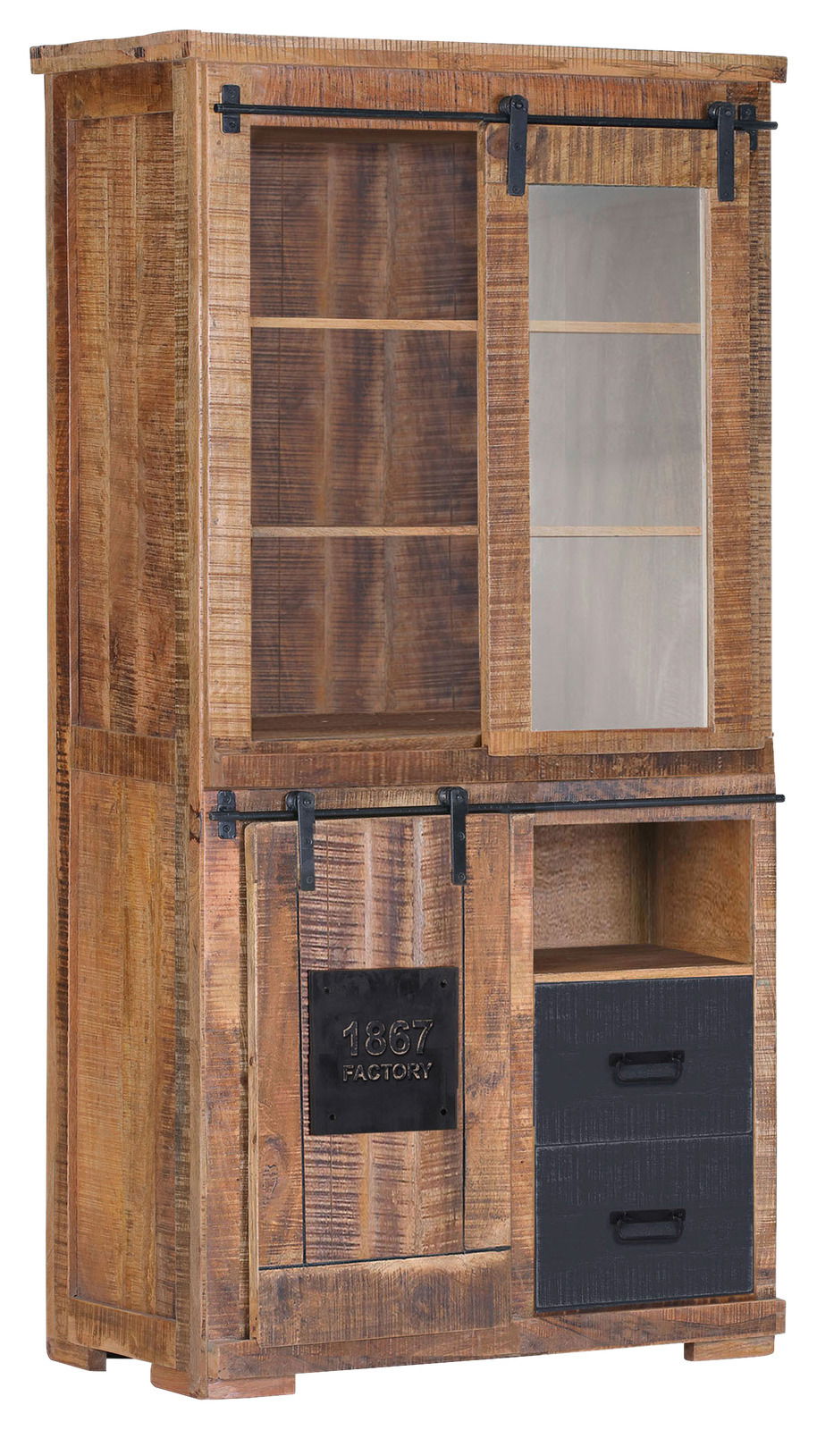 Rustikale Vitrine aus Holz mit Schiebetüren und Metallakzenten, seitliche Perspektive