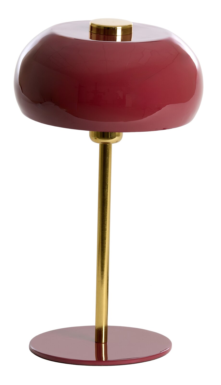 Elegante Tischleuchte mit rotem Schirm und goldenem Standfuß, seitliche Perspektive