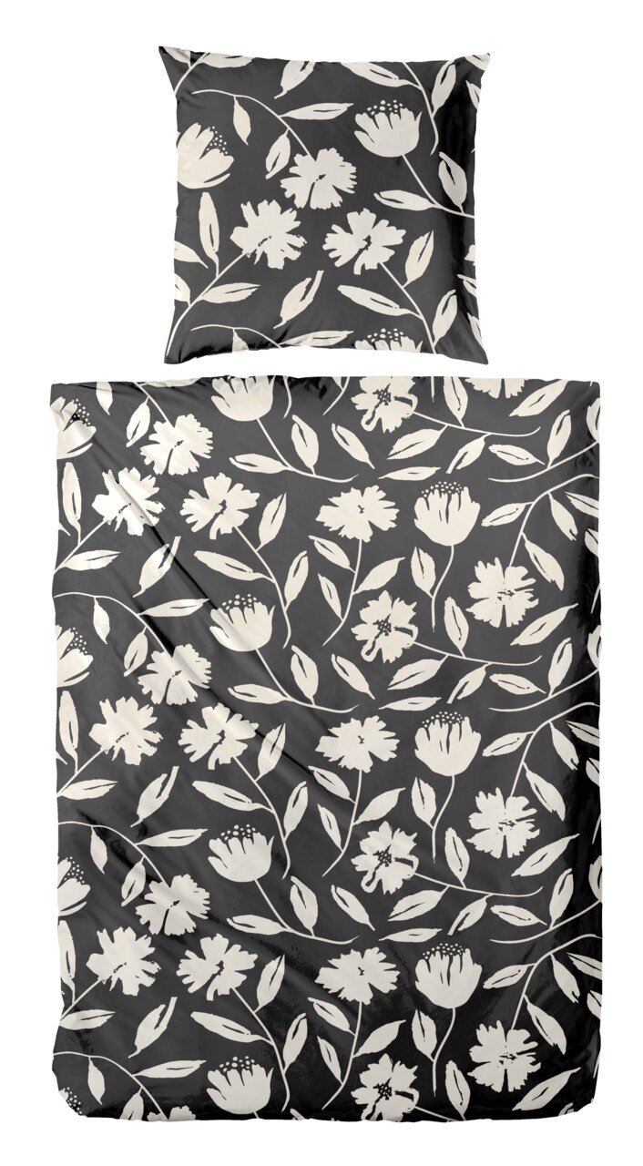 Bettwäsche-Set mit floralem Muster in Schwarz-Weiß, Draufsicht