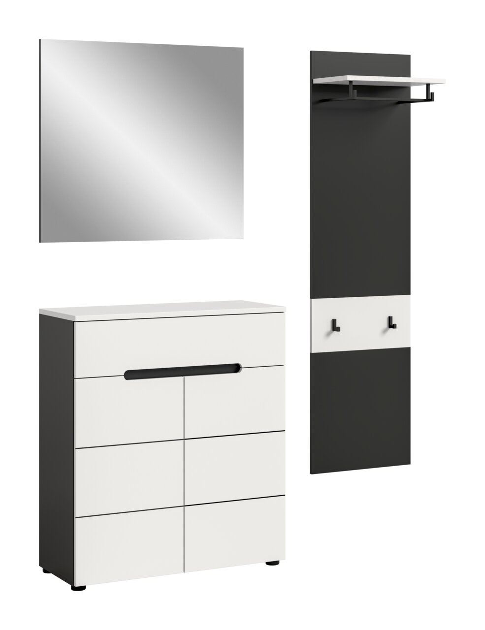 MID.YOU Garderobenkombination CANU Modernes Flurmöbel-Set in Schwarz-Weiß mit Spiegel, Schuhschrank und Garderobenpaneel mit Ablage und Haken, dargestellt in Frontansicht vor weißem Hintergrund.