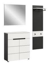 Modernes Flurmöbel-Set in Schwarz-Weiß mit Spiegel, Schuhschrank und Garderobenpaneel mit Ablage und Haken, dargestellt in Frontansicht vor weißem Hintergrund.