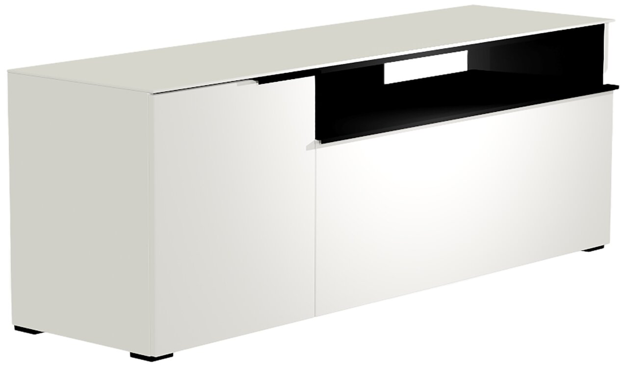 Weißes TV-Lowboard mit modernem Design, seitliche Perspektive