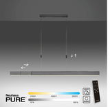 LED-Pendelleuchte PURE MOTO in moderner, minimalistischer Ausführung, frontal abgebildet. Verstellbare Farbtemperatur von 2700K bis 5000K und Helligkeit von 10% bis 100%. Inklusive Fernbedienung für einfache Steuerung.