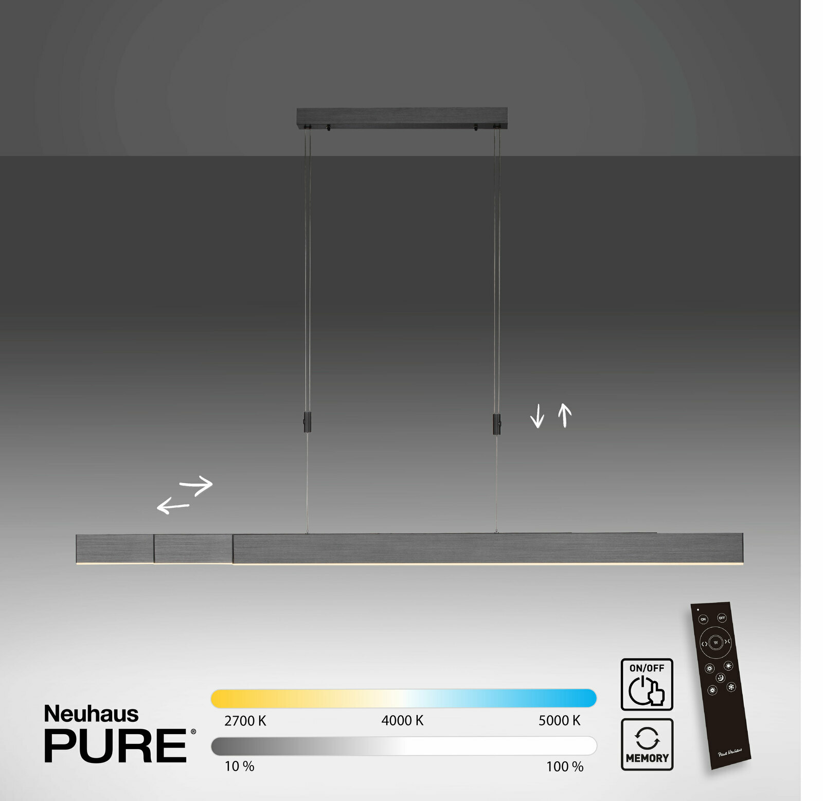 LED-Pendelleuchte PURE MOTO in moderner, minimalistischer Ausführung, frontal abgebildet. Verstellbare Farbtemperatur von 2700K bis 5000K und Helligkeit von 10% bis 100%. Inklusive Fernbedienung für einfache Steuerung.