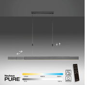 LED-Pendelleuchte PURE MOTO in moderner, minimalistischer Ausführung, frontal abgebildet. Verstellbare Farbtemperatur von 2700K bis 5000K und Helligkeit von 10% bis 100%. Inklusive Fernbedienung für einfache Steuerung.