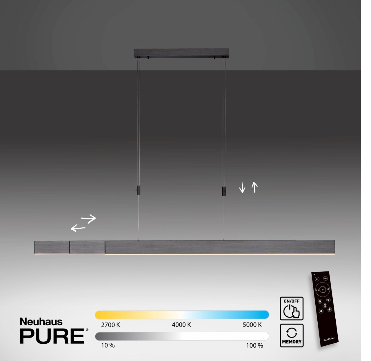 LED-Pendelleuchte PURE MOTO in moderner, minimalistischer Ausführung, frontal abgebildet. Verstellbare Farbtemperatur von 2700K bis 5000K und Helligkeit von 10% bis 100%. Inklusive Fernbedienung für einfache Steuerung.