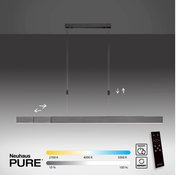 LED-Pendelleuchte PURE MOTO in moderner, minimalistischer Ausführung, frontal abgebildet. Verstellbare Farbtemperatur von 2700K bis 5000K und Helligkeit von 10% bis 100%. Inklusive Fernbedienung für einfache Steuerung.