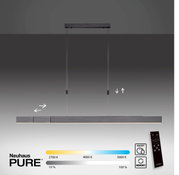 LED-Pendelleuchte PURE MOTO in moderner, minimalistischer Ausführung, frontal abgebildet. Verstellbare Farbtemperatur von 2700K bis 5000K und Helligkeit von 10% bis 100%. Inklusive Fernbedienung für einfache Steuerung.