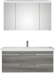 Modern badkamermeubel met spiegelkast en wastafelonderkast in houtlook, vooraanzicht