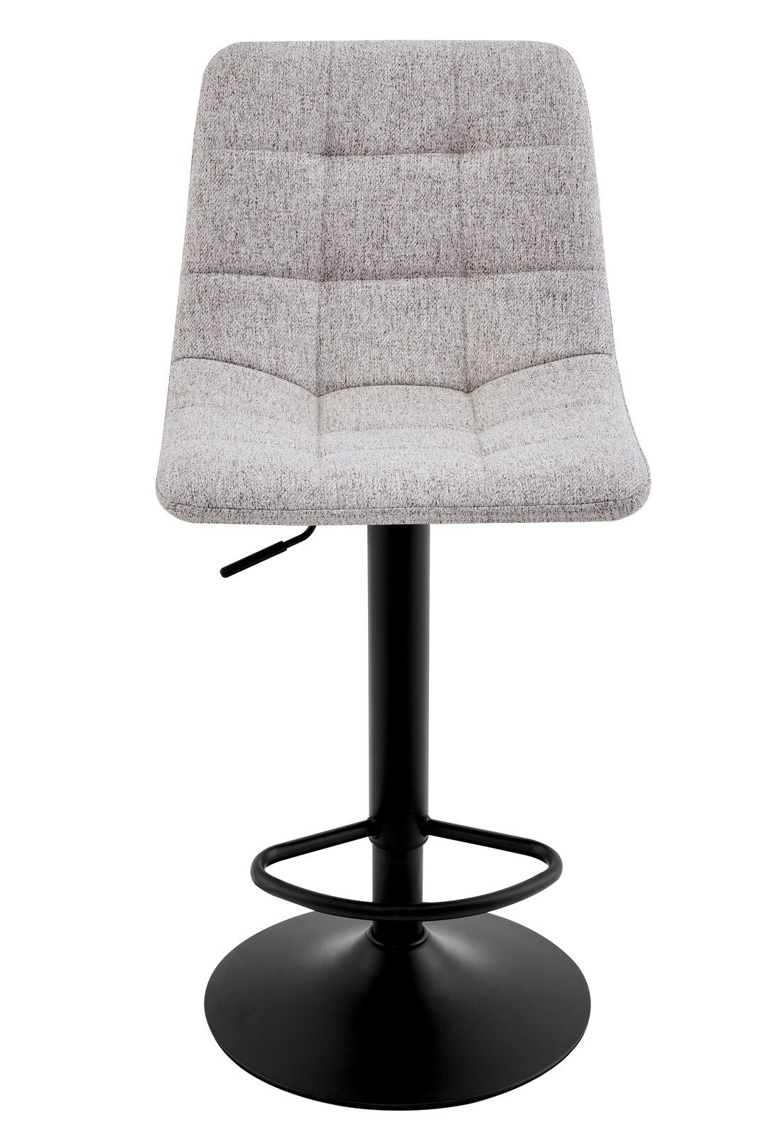 Moderner Barhocker mit grauem Stoffbezug und schwarzem Metallgestell, Frontalansicht